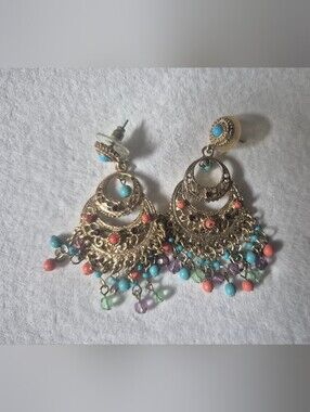 Vintage 1990s Signed Graziano CN Gold Tone Boho Chandelier Dangle Post Earrings
